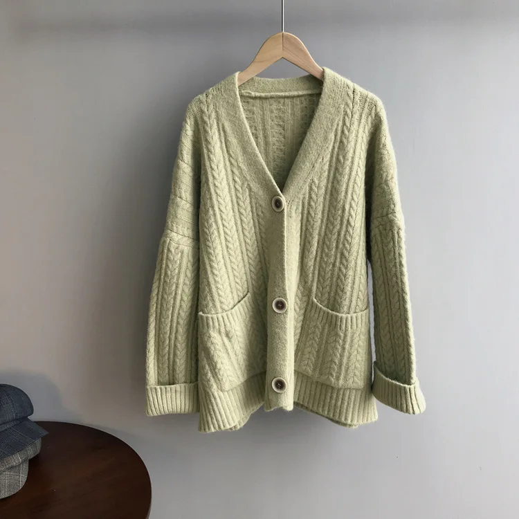 Вязаный женский кардиган, короткий, новинка, весна, осень, зима, модный свитер, куртка, свободная одежда, корейский стиль, топ с карманами, Одноцветный - Цвет: Зеленый