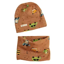 Spring Baby Hat Set Cartoon Boys Girls Ring Collar Cap Kids Neckerchief Beanies Warm Cotton Children Hat Scarf Two Piece Set