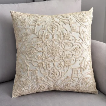 

Beige Cotton Embroidery Cushion Cover Navy Geometric Flowers Pillow Cover 50x50cm Home Decorative Sofa PillowCae