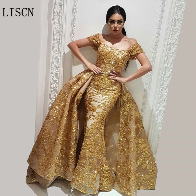 Блестящее Золотое вечернее платье из 2 предметов с кристаллами и кружевами в Дубае со съемной юбкой, турецкие платья со съемным шлейфом - Цвет: Золотой