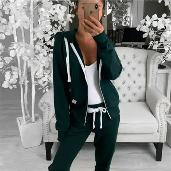 

Women Tracksuit Warm Hooded Sweatshirt Long Sleeve Zipper Outwear Hoodie Plain Jacket Coat Tops Sweatpant Two Piece Set Women