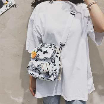 

Women Mini Canvas Shoulder Bag Butterfly Pattern Small Cloth Messenger Bag For Keys Phone Crossbody Bags String Purse For Girls