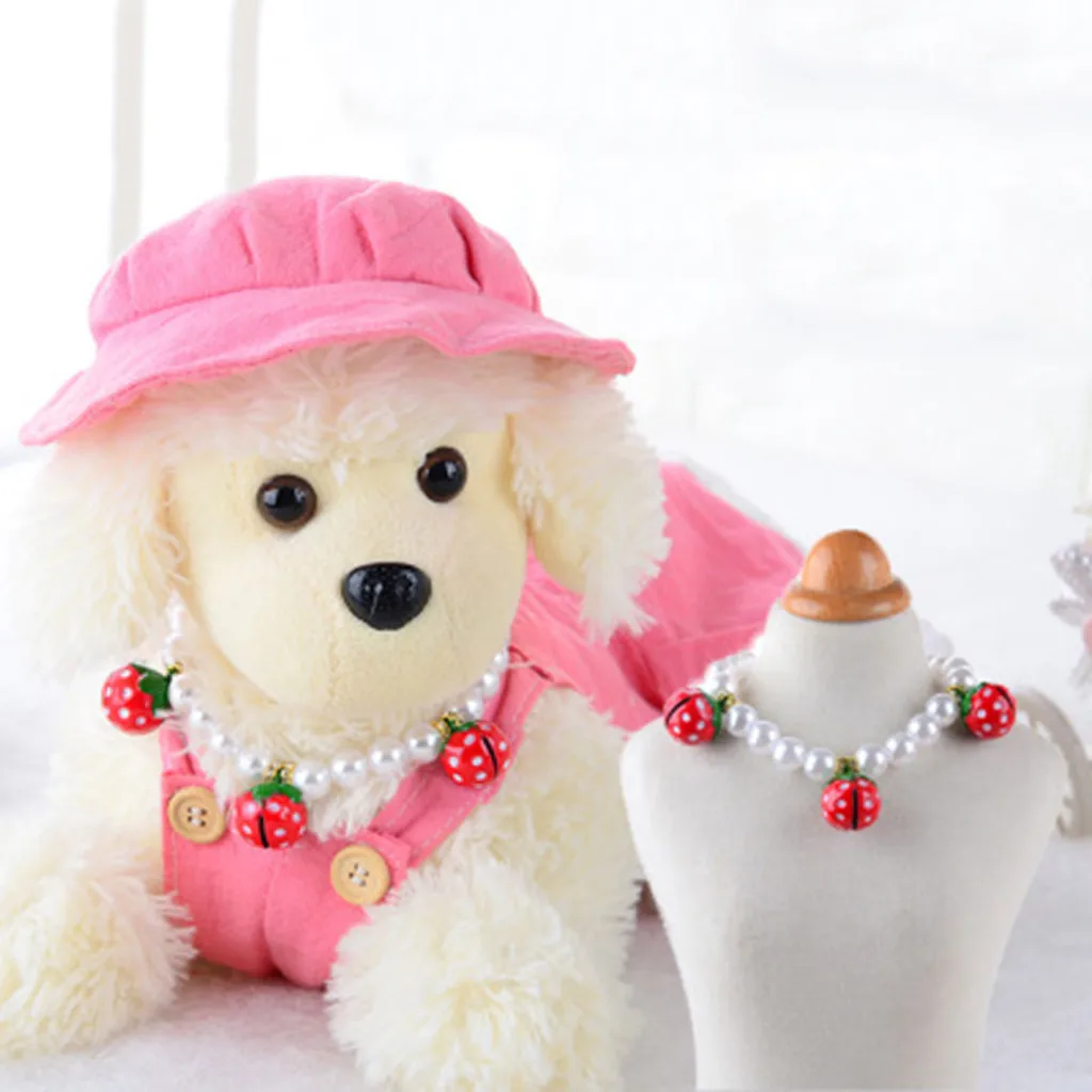 Red Popular Elements Cute Mini Pet Dog Collars Pearl Strawberry Necklace Bell Cat Collar Pet Collar - Цвет: Red