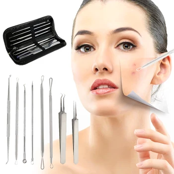 

8PCS/set Stainless Steel Acne Blackhead Remover Needles Extractor Pimple Blemish Skin Face Care Tools Clip Spoon Kit Clean Skin