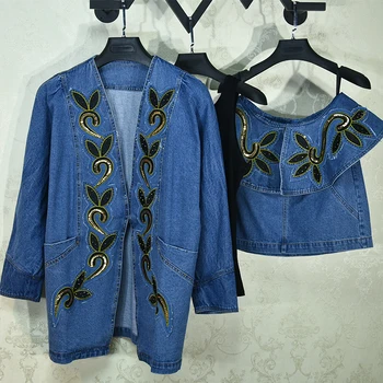 

Women Jean Jacket for Women Ethnic Style Vintage Blue Embroidery Sequins Loose Outerwear
