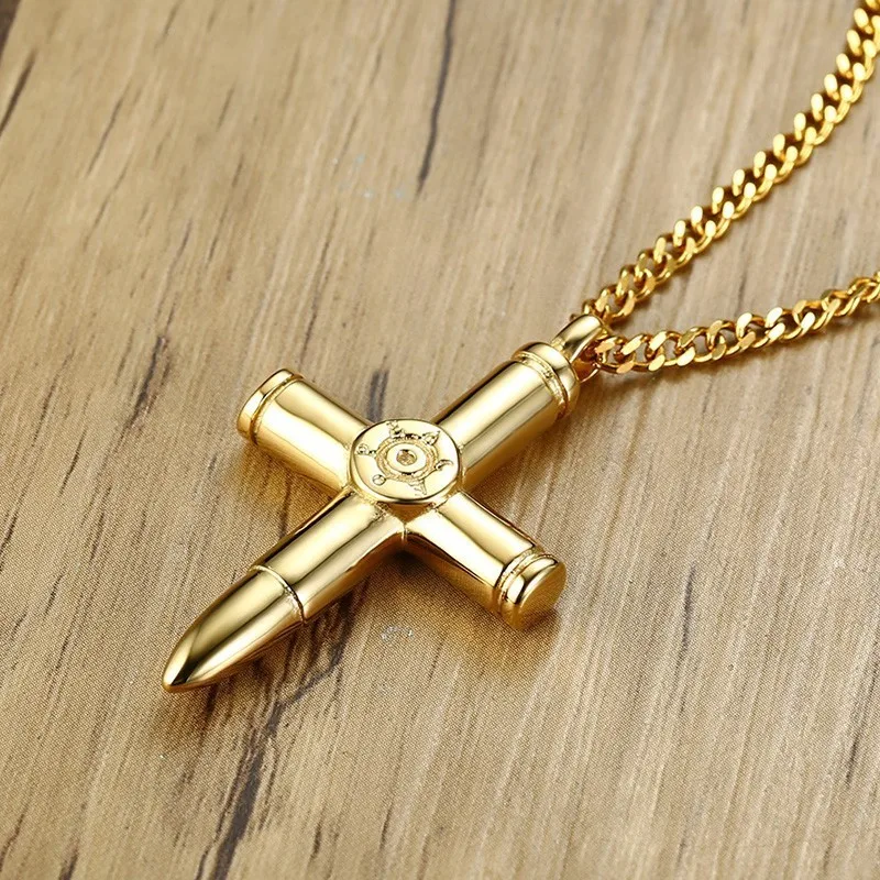 Крест кулон мужское ожерелье с пулей из нержавеющей стали золотого цвета