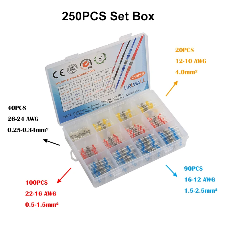 250Pcs with box 250/75/50/100 шт электрические соединители проводов изолированный паяльный рукав трубки терм усадочная Sorder терминал Водонепроницаемый стыковые соединители - Цвет: 250Pcs with box