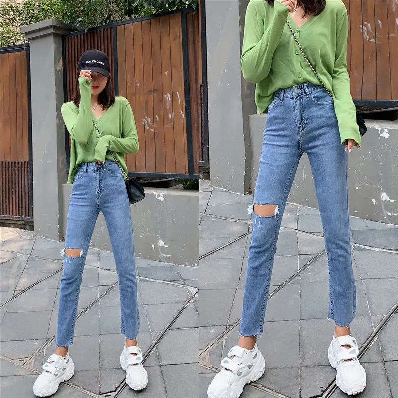 S-xl Осень корейский шик стиль узкие джинсы-карандаш весна Винтаж Высокая талия рваные джинсы брюки женские(Z8697