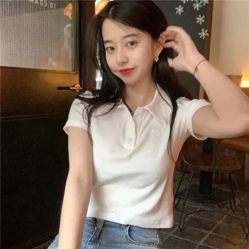 Polo T Shirt For Women White Blouse Short Sleeve Tees Crop Top Female Fashion Embroidery Summer 2021 Women's Clothing Aesthetic black t shirt for men