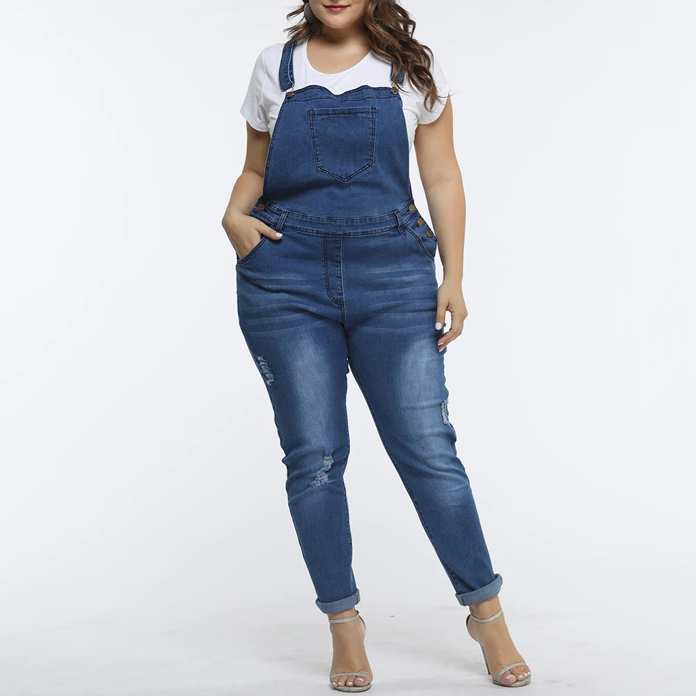 Denim Blue Женские джинсы размера плюс, джинсовые комбинезоны с карманами, повседневные джинсы с высокой талией, мешковатые джинсы с дырками, Комбинезоны для девушек, брюки, комбинезоны D20 - Цвет: Denim Blue