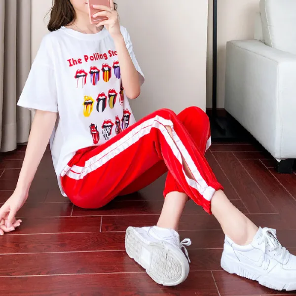 

2019 New Style Summer Female Sports Casual Loose-Fit Korean-style Elegant Fashion Western Style Summer Two-Piece Set INS Fashion