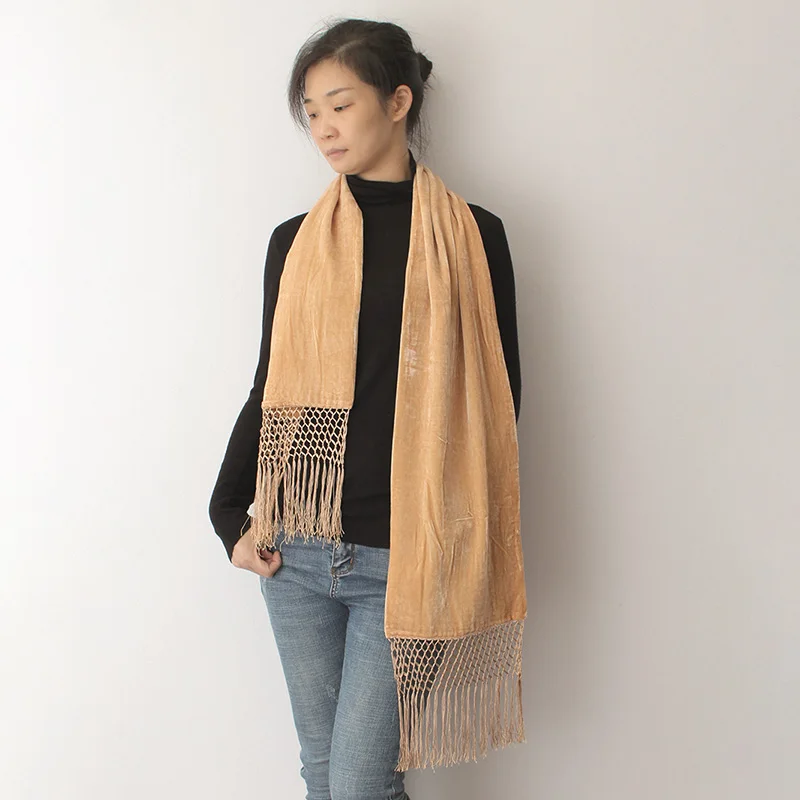 solid color 100% natural silk crinkled velvet scarves with tassel women winter warm soft scarf double-layer luxury high quality |