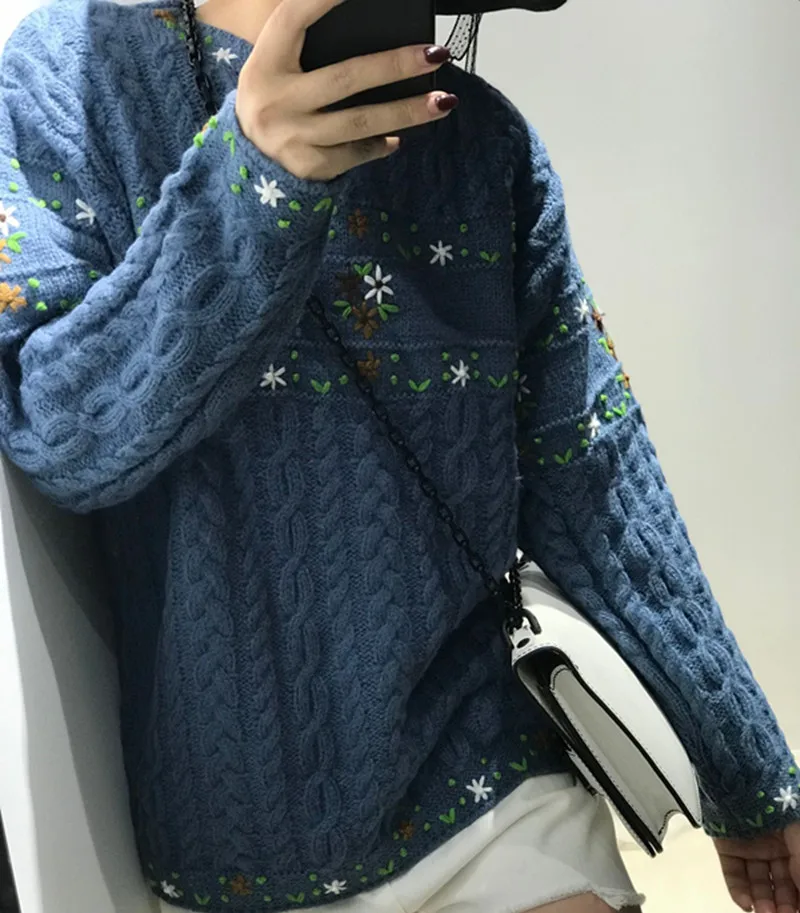 Пончо настоящие Blusas De Inverno Feminina зима пуловер Женский лес ручная вышивка круглый вырез свободный свитер женский