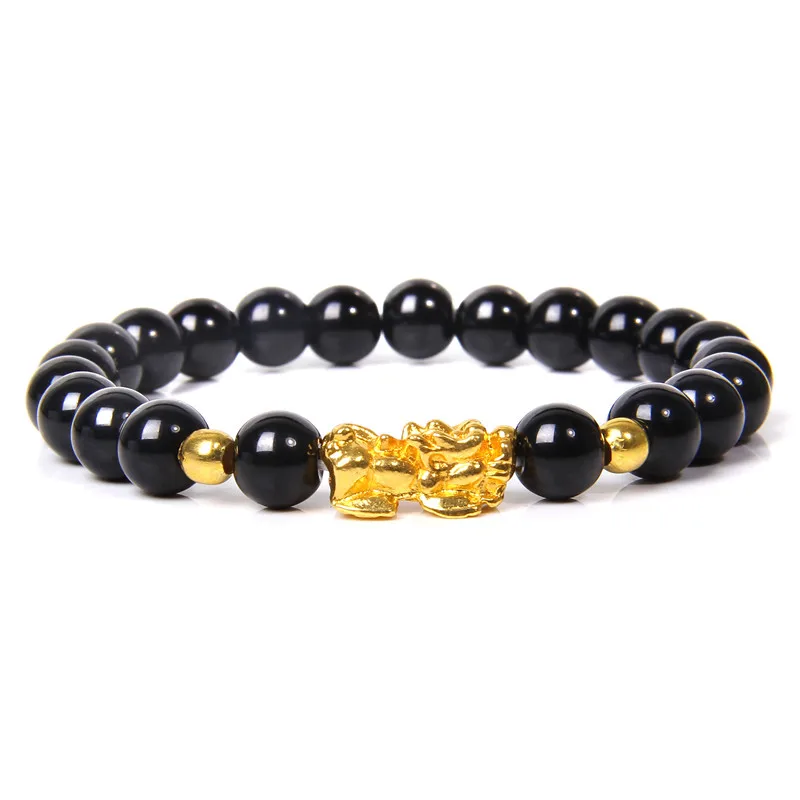 Stone Bead Bracelet Beaded Bracelet Natural Stone Bracelet Women's Men Feng Shui Bracelet Luck Wealth Buddha Black Obsidian stone Beaded Bracelet