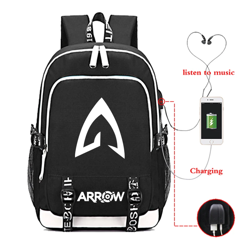 

Superhero Arrow Boys Girls Schoolbags Casual Travel Backpack USB Charging Jack Backpack Leather Men Backpack Zipper Bookbag