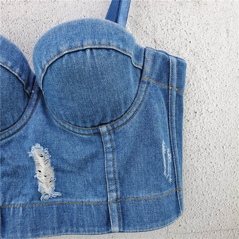 2020 New Women Denim Caims Bustier Bra Cropped Top Sexy Vest Diamond Push Up Crop Top Tank Women Clothes Adjustable