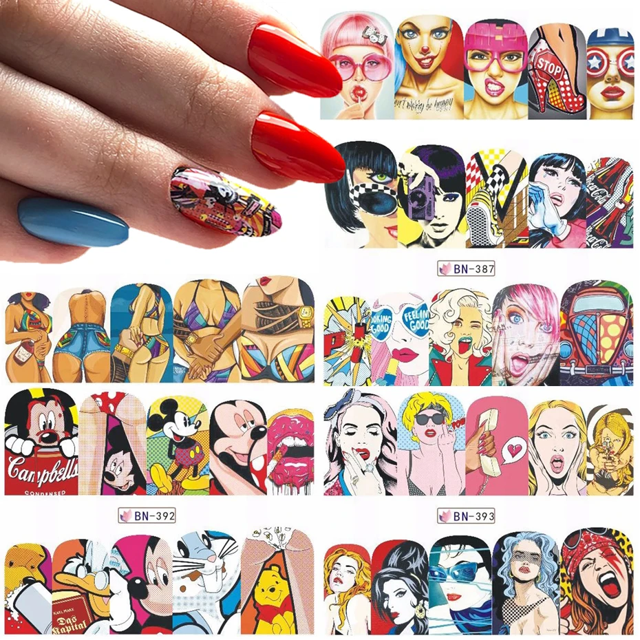 1 лист сексуальная леди дизайн наклейки Водные Наклейки ползунки классная девушка губы полное покрытие обертывания Дизайн ногтей украшения маникюрные SABN385-396