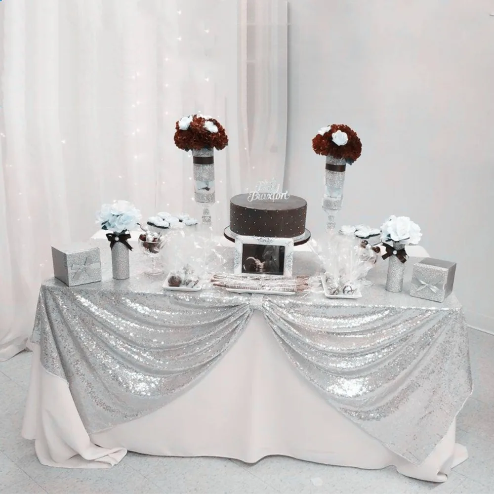 Скатерть серебряного цвета 90x132 дюйма, блестящая круглая прямоугольная скатерть с вышивкой и блестками для свадебной вечеринки, рождественской Decor-RT10002