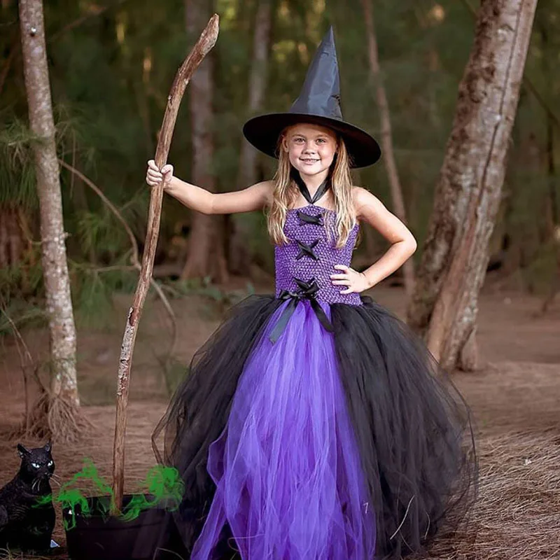 Фиолетовое, черное платье-пачка ведьмы для девочек детское платье из тюля с кроше бальное платье с бантом для волос, Детские праздничные платья на Хэллоуин