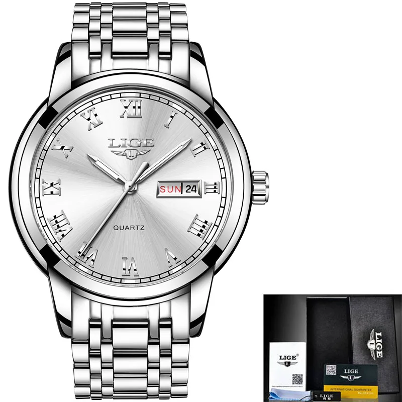 Мужские часы s, Модные Кварцевые Золотые часы LIGE, брендовые топ класса люкс, все стальные мужские наручные часы, водонепроницаемые часы с циферблатом и датой недели+ коробка - Цвет: Silver white
