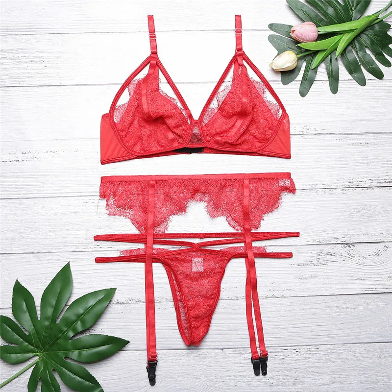 

Europe Women Lace Ultra-thin Bra Set Fashion Red Erotic Lingerie 3-piece Set Bra+T-string+Garter Belt Sexy Hollow Bralette Sets