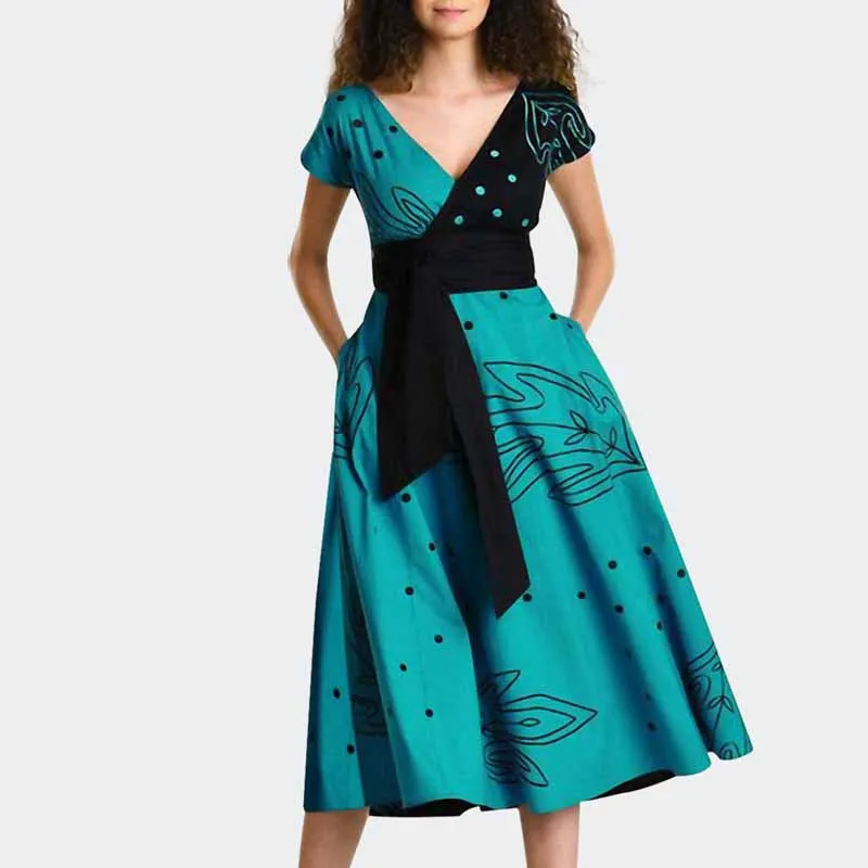 

French Vintage V-neck Elegant Lady Dress Waist Hugging Slimming 2019 New Style Summer Kuotaitai A- line Skirt