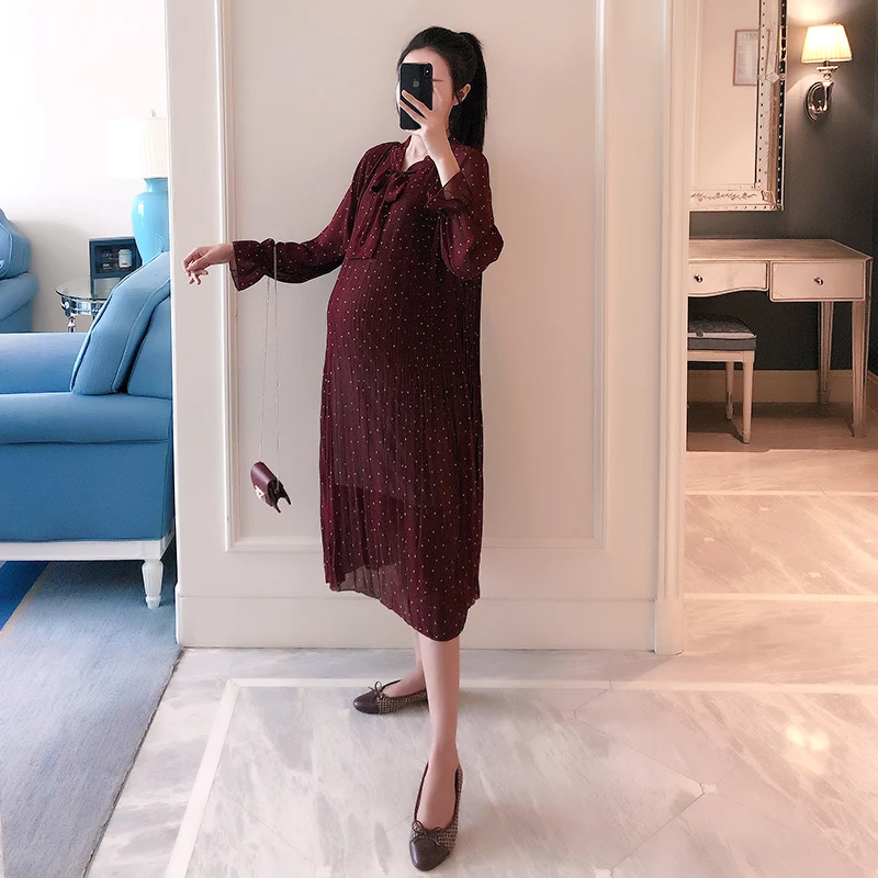 9363# Весна Корейская мода для беременных прямое платье в горошек плиссированная шифоновая Одежда для беременных женщин свободная беременность