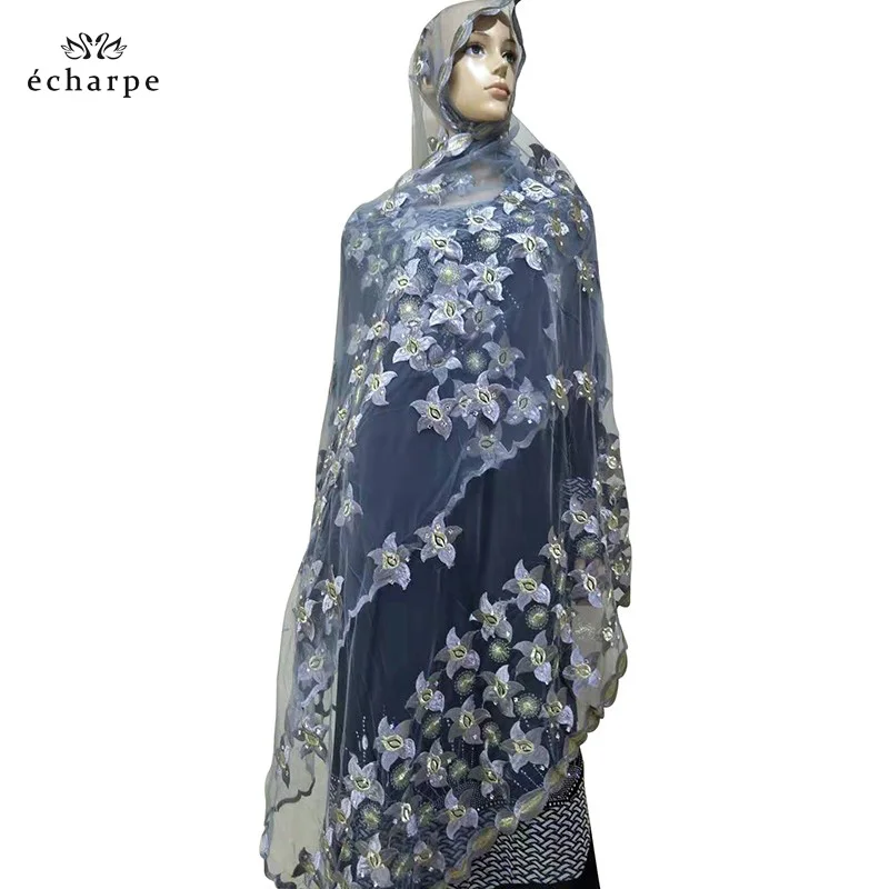 Простые шарфы с цветочной вышивкой африканские женские мусульманские шарфы шарф из тюли материал танспарта для Шали Обертывания BM809