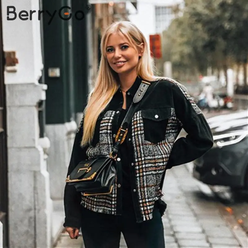 BerryGo, модная Лоскутная джинсовая куртка в клетку, женская уличная одежда, женские черные шикарные куртки на пуговицах, с карманами, Свободная Женская куртка, пальто