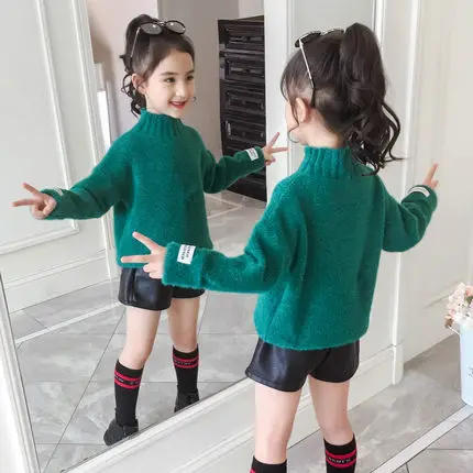 

Female Kids Mink Velvet Turtleneck Woolen Sweater Fall Winter New Girls Knitted Pullovers Children's Warm Knitwear ClothesP247