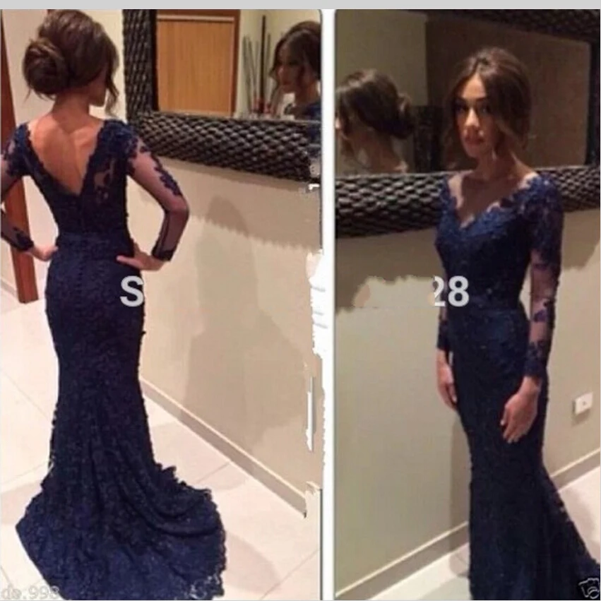 

Backless Mermaid Navy Blue Long Sleeve Lace Prom Dress Prom ballkleider galajurken vestidos de baile