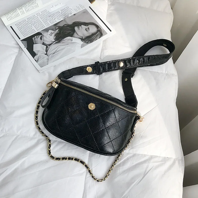 Black waist bag Поясная Сумка для женщин из искусственной кожи, поясная сумка, Модный цветочный дизайн, нагрудные сумки, Повседневная Мини дорожная сумка с бананом, дамская сумочка для телефона - Цвет: Black waist bag