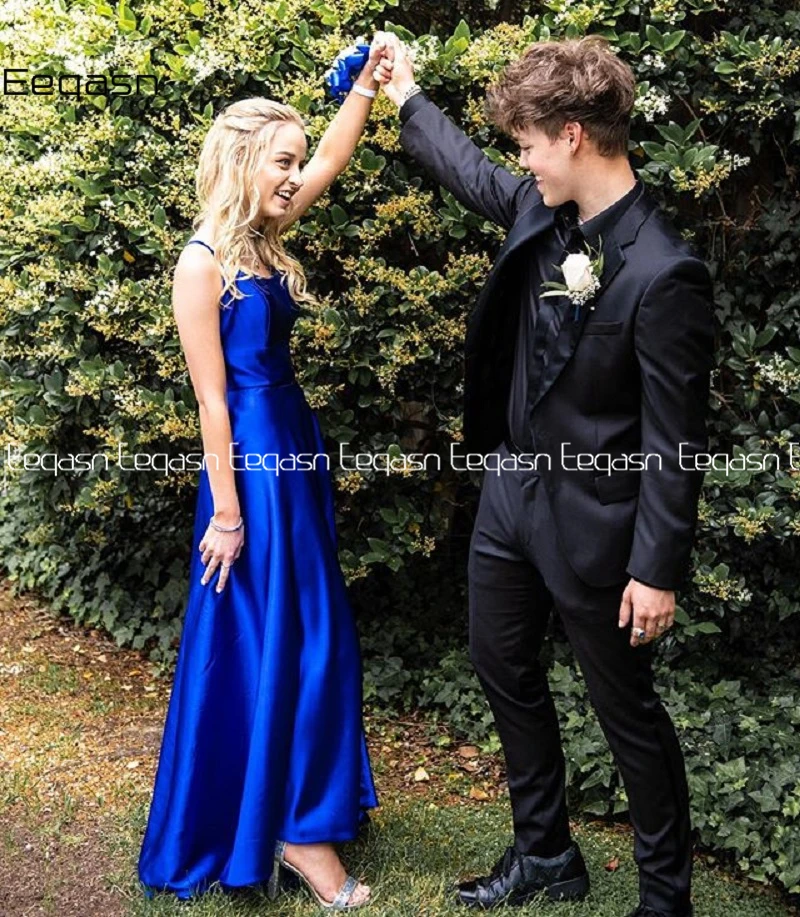Sexy High Slit Blue Cheap Prom Gowns Evening Formal Dress with Cross Back Satin Pageant Party Dresses Custom
