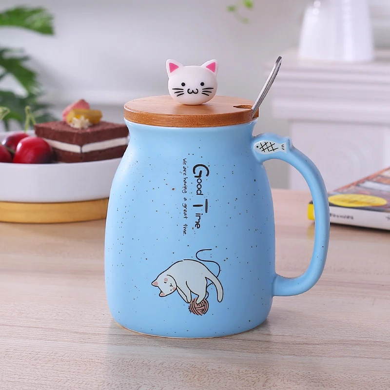 Кружка с мультяшным рисунком, чашка с крышкой, котенок, молоко, кофе, керамическая кружка, детская чашка, термостойкая, 420 мл, Офисная посуда для напитков, подарок, чашка для молока, Wy12302