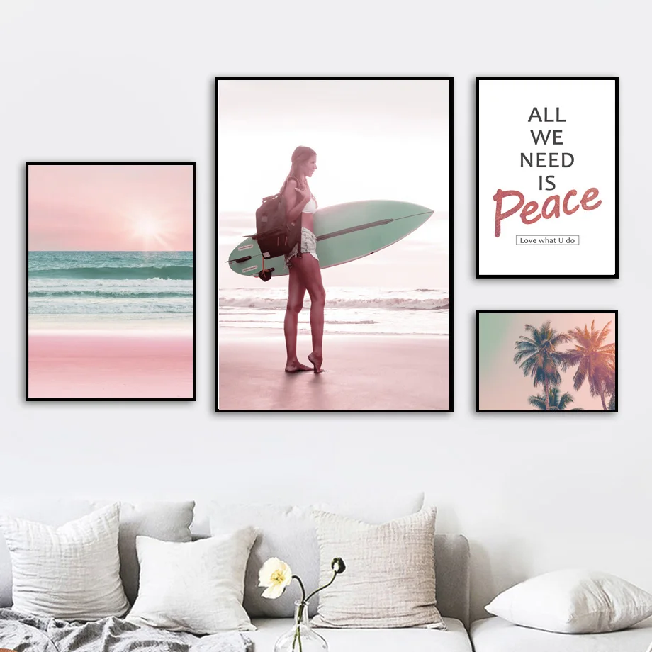 Pink Beach Palm Tree Car Girl Surfboard Wall Art Canvas Painting Nordic Posters And Prints Wall Pictures For Living Room Decor