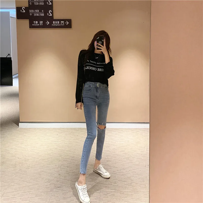 S-xl Осень корейский стиль Высокая талия обтягивающие джинсы для карандаш для женщин колено отверстие джинсы брюки женские(Z8679