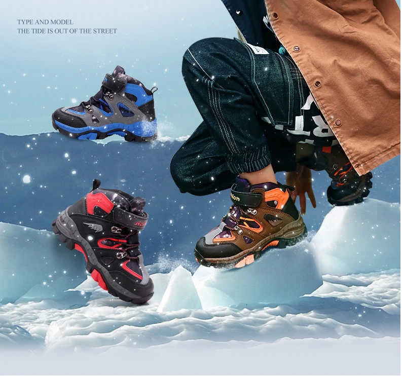 Зимняя спортивная обувь для мальчиков; детская обувь для снежной погоды; обувь для подростков с противоскользящей подошвой; обувь для походов и альпинизма; теплые кроссовки с мехом