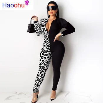 

Leopard Splice Long Sleeve Bodycon Jumpsuit Women Fall Fashion Rumper Sexy Costumes One Piece Outfits Elegant Rompers