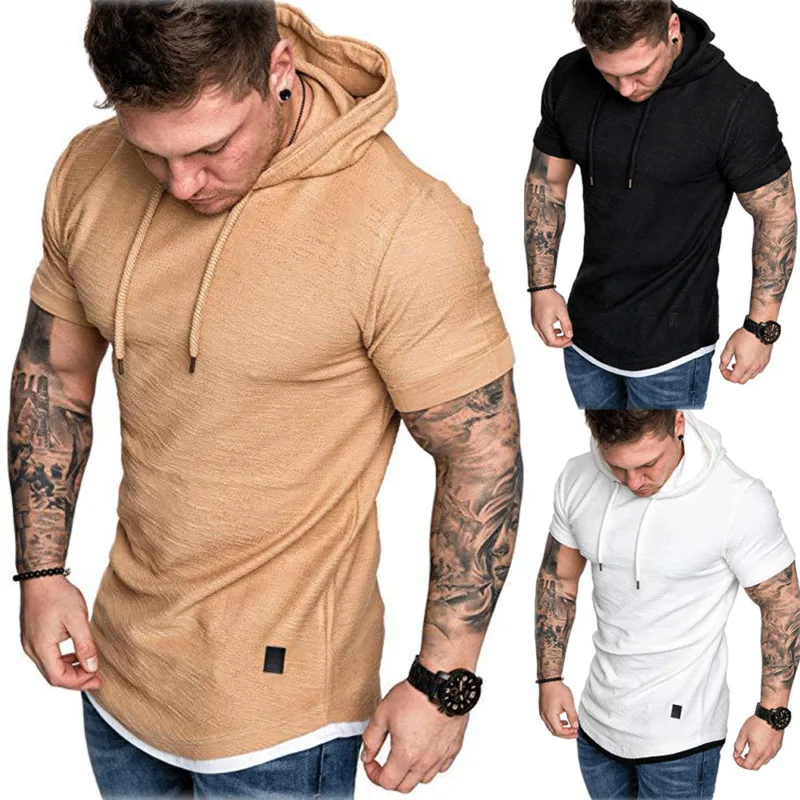 Men Stylish Short Sleeve Tee Shirts Casual Hooded Hoodie Summer Shirt Top
