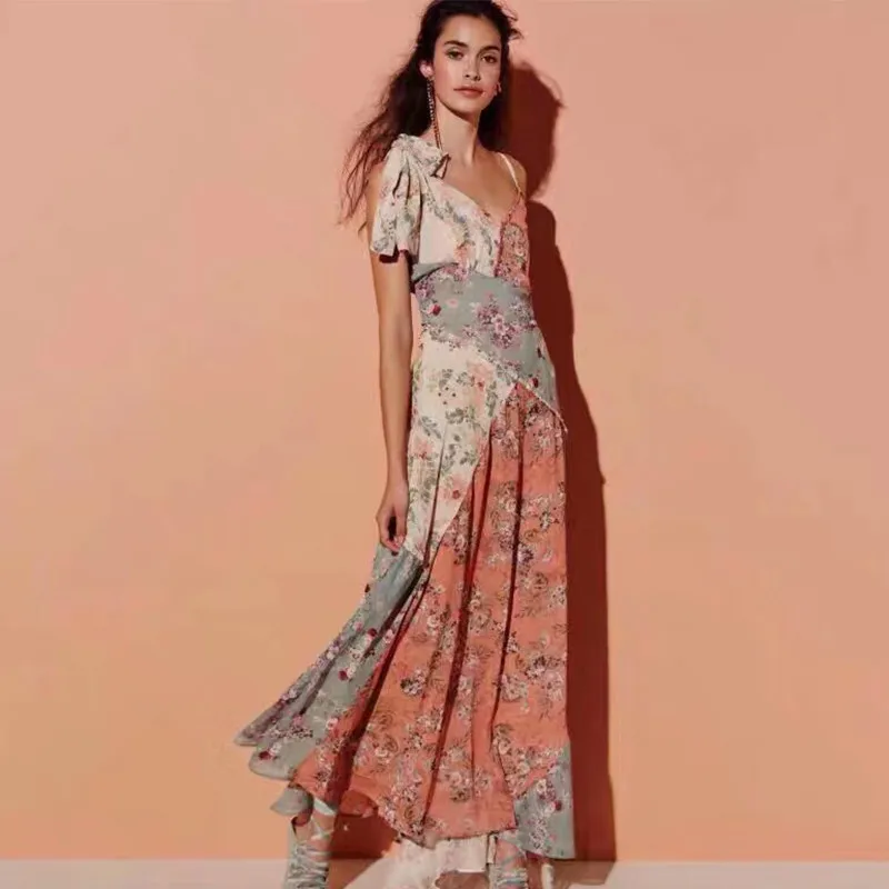 Summer Holiday Bohemian Beach Dress Women Elegant One Shoulder Floral Printed Chiffon Long Irregular Dress