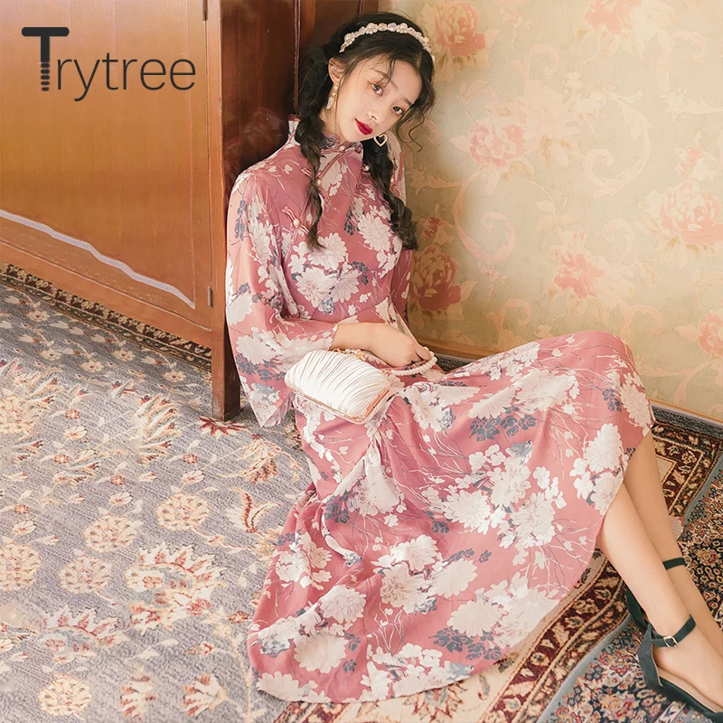 Trytree весеннее женское платье, повседневное, стоячий воротник, три четверти, рукав-фонарик, с принтом, китайский стиль, элегантное, неравномерное, ТРАПЕЦИЕВИДНОЕ ПЛАТЬЕ