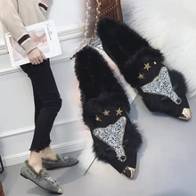 Эспадрильи из искусственного меха лисы; Роскошные женские туфли на плоской подошве с кристаллами; украшенные бисером; женские теплые зимние туфли с острым носком; Плюшевые Мокасины