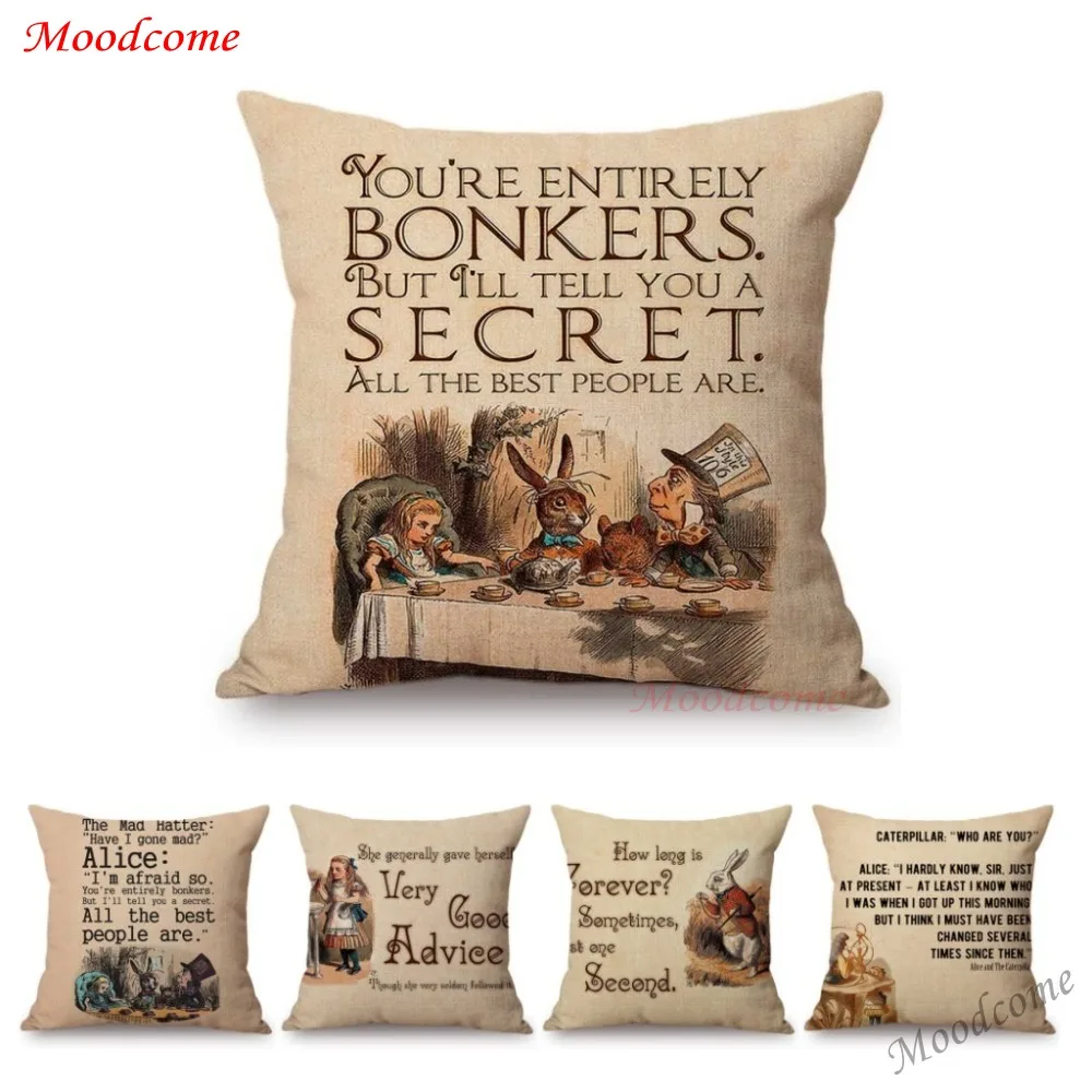 

Vintage Alice in Wonderland Quotes Letter Print Home Decorative Sofa Throw Pillow Case Children Cartoon Gift Linen Cushion Cover