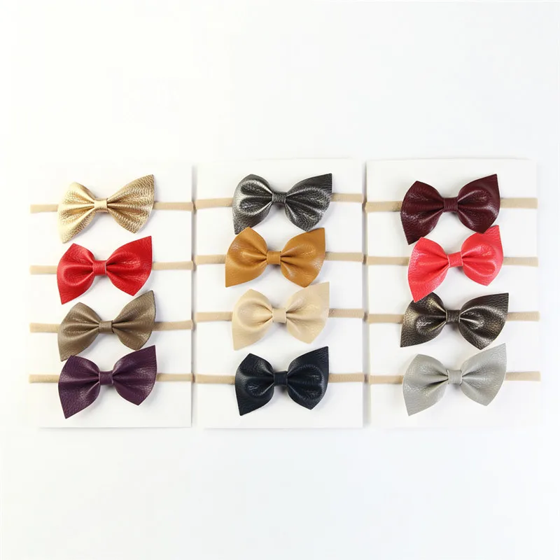 

1pcs Cute Bebe Leather Bow Nylon Headband Super Soft Elastic Stretch Hair bands For Kid Tiny Hair Bows Baby Girls Accessories