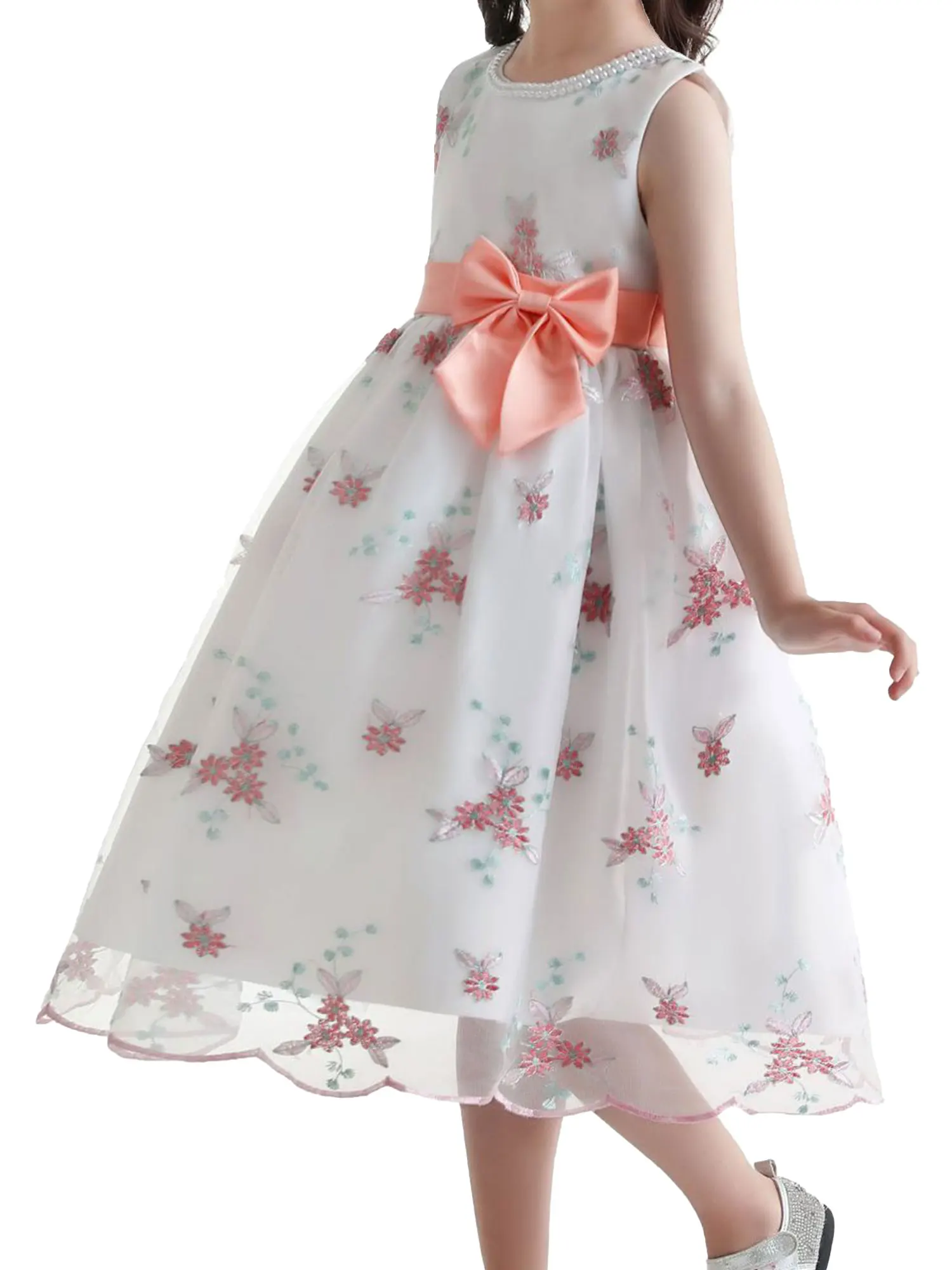 

Fairy Girls Floral Dress Bowknot Scalloped Hem Edge Tulle Embroidery Dress Lovely 2-11Y Chidlren Birthday Party Casual Dresses