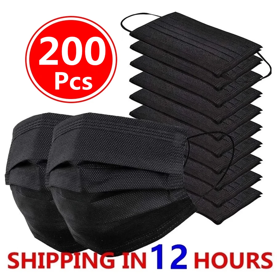 10-200pcs Mask Disposable Face Mask Black Nonwove 3 Layer Mouth Mask filter Anti Dust Flu Safe Breathable Protective Adult masks