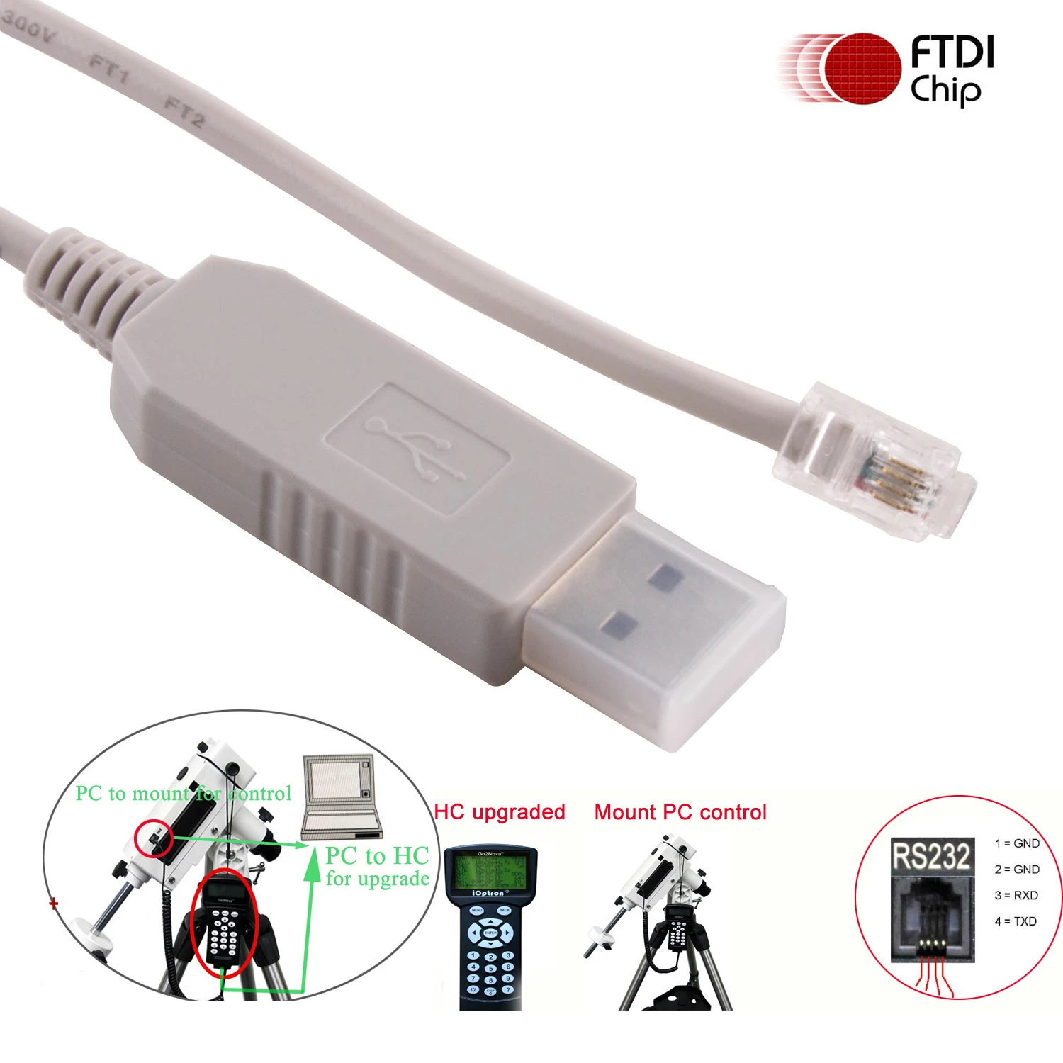 Ioptron Equatorial Telescope Upgrade Control Console Cable Coding Line Ieq30pro RS232 to 4P4C RJ9 3.2FT, for Ioptron Ioptron Equatorial Telescope Upgrade Control Console Cable Coding Line Ieq30pro RS232 to 4P4C RJ9 3.2FT, for Ioptron