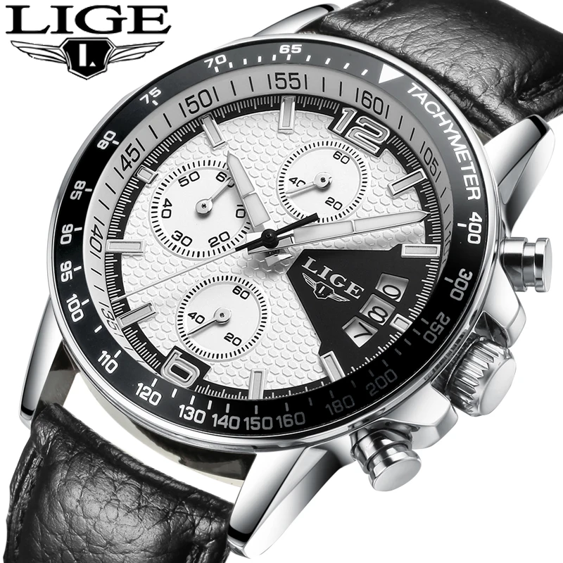 

LIGE new Automatic Date Quartz Men Watches Genuine Leather band Waterproof Luminous Chronograph Watch for Elite Men Reloj Hombre
