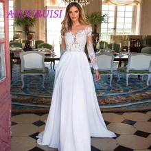 ANJURUISI дешевые кружева с длинным рукавом свадебное платье пляжное свадебное платье шифон белая аппликация из кружева/lvory романтические пуговицы Турция