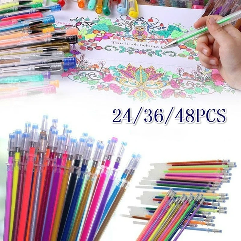 

24/36/48pcs Colors Gel Pens Refills Glitter Coloring Drawing Painting Craft Markers Stationery